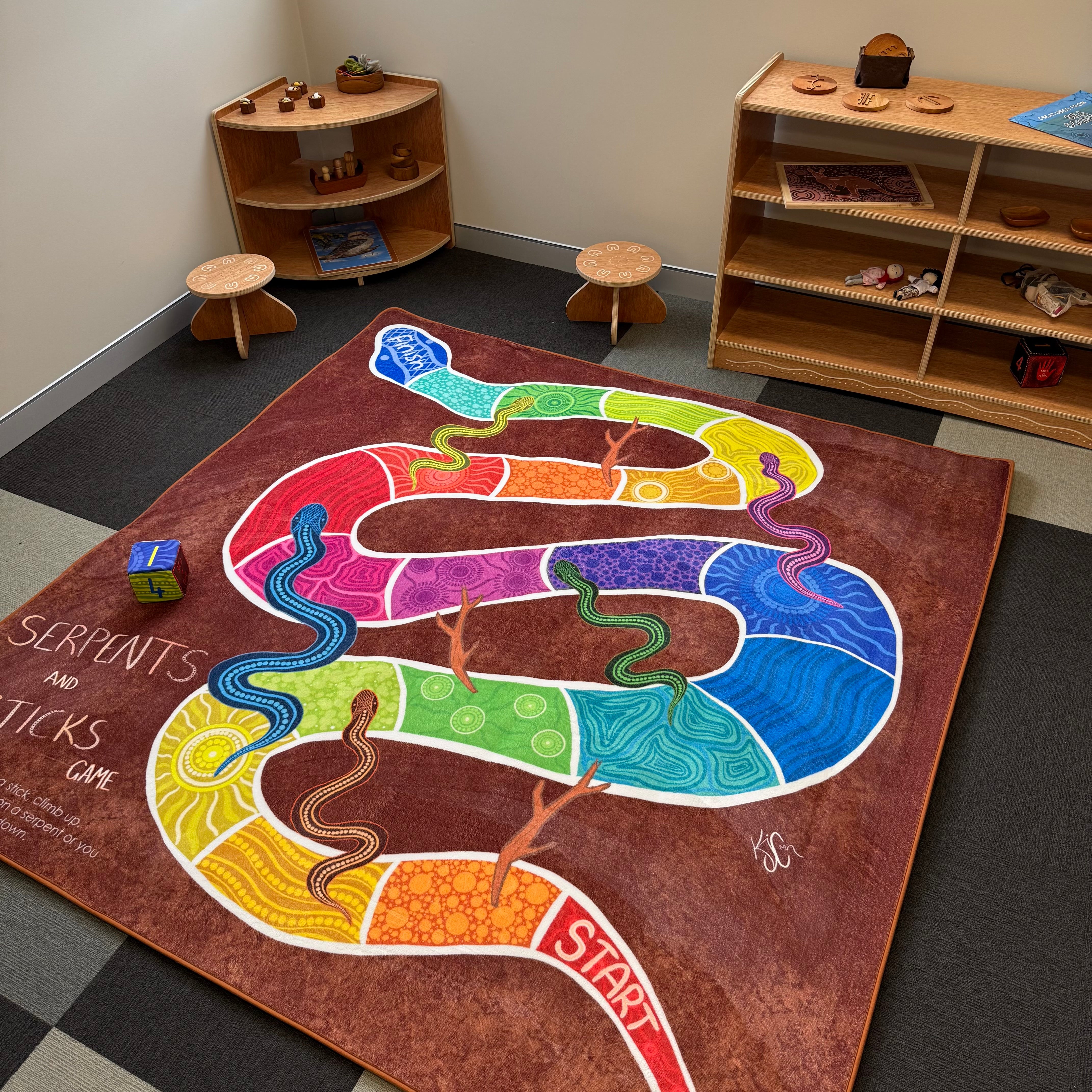 Serpents and Sticks Rug Game with soft Dice